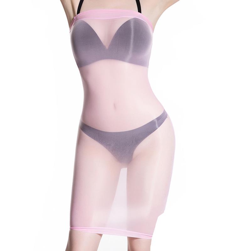 Qinghe 912 8D Sheer Oily Stockings with Tube Top Dress, Tight Mini Skirt Cheongsam, and Ultra-thin Transparent Design