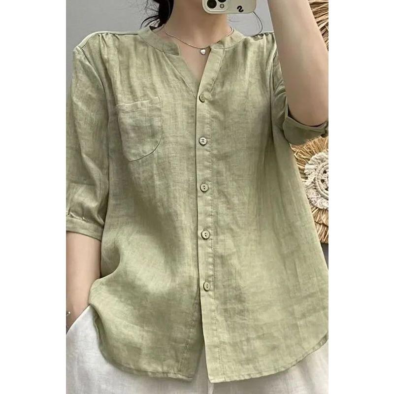 Damen Hellgraues Leinen Locker V-Ausschnitt Halbarm Knopfleiste Hemd