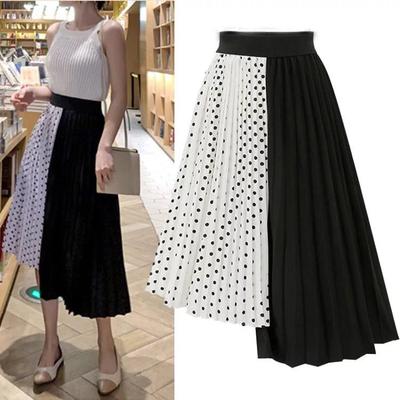Tooxika Large Women's Pleated Polka Dot Patchwork Mid Length Chiffon Large Hem Skirt