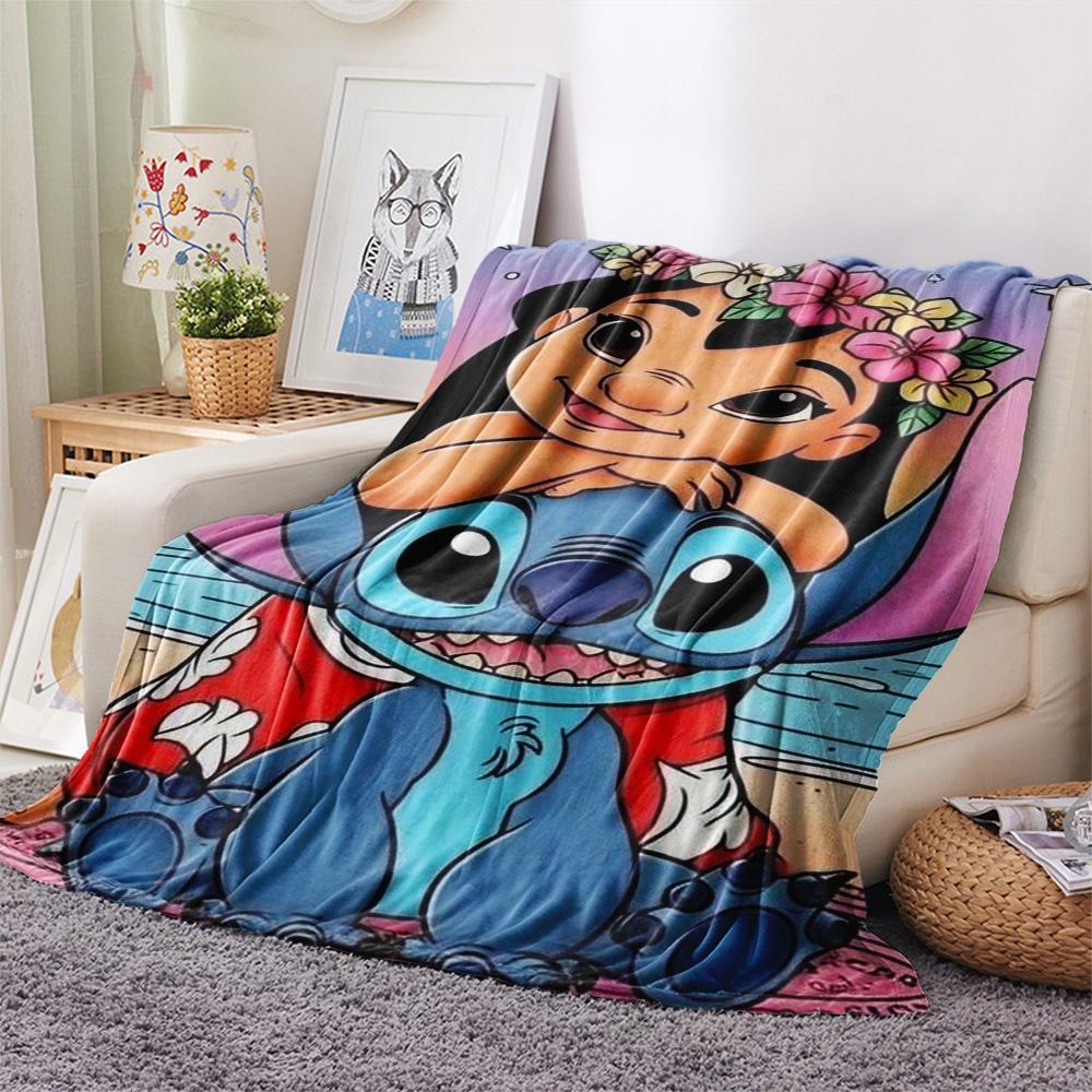Lilo Sitting On Stitch Head Flower Crown Sunset Beach Print Flannel Blanket Soft Warm Throw Blanket For Home Sofa Bedroom Gift