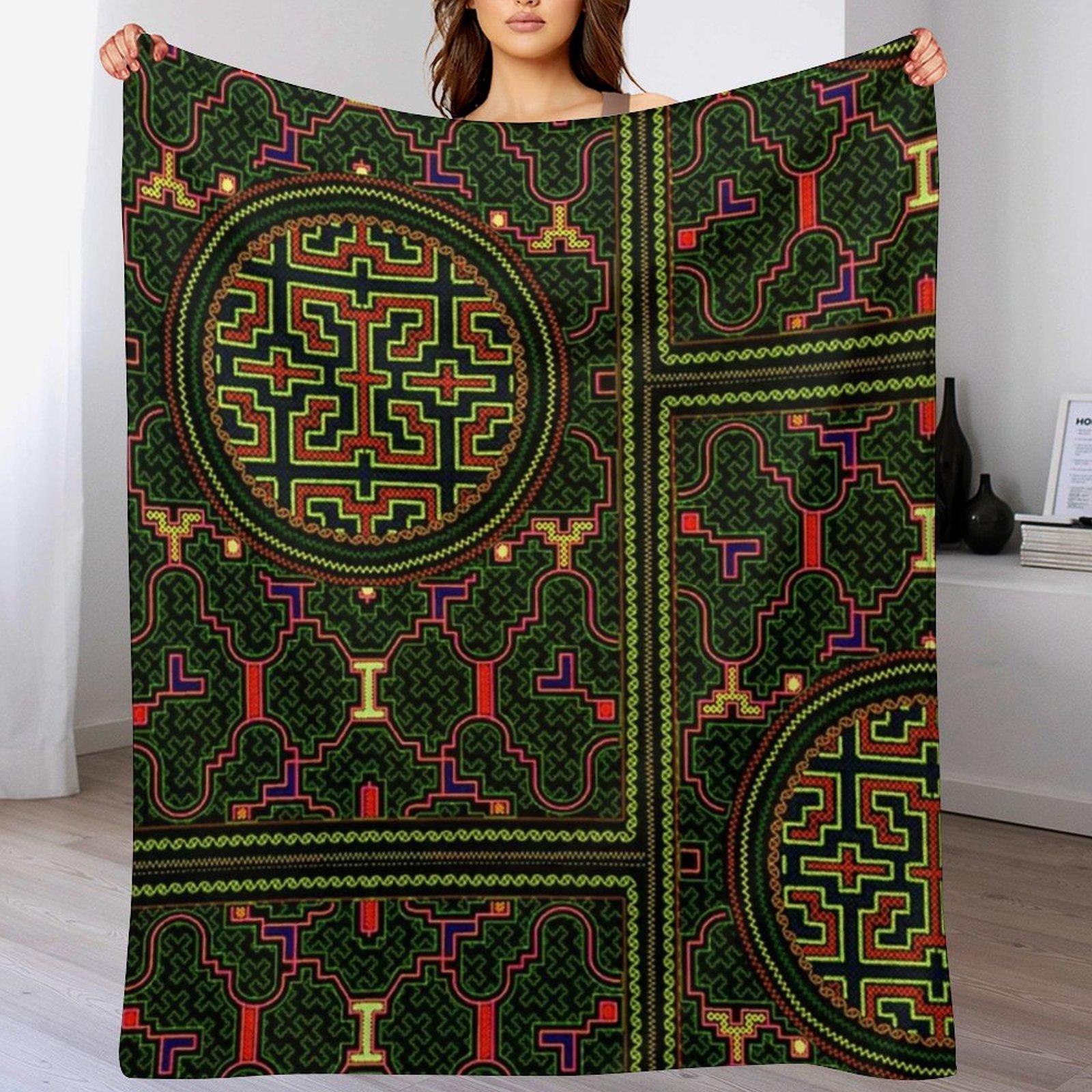green and yellow shipibo Throw Blanket Cozy Throw Blanket for Bed Sofa Chair Size: 75*100cm, Weight: 230 GSM