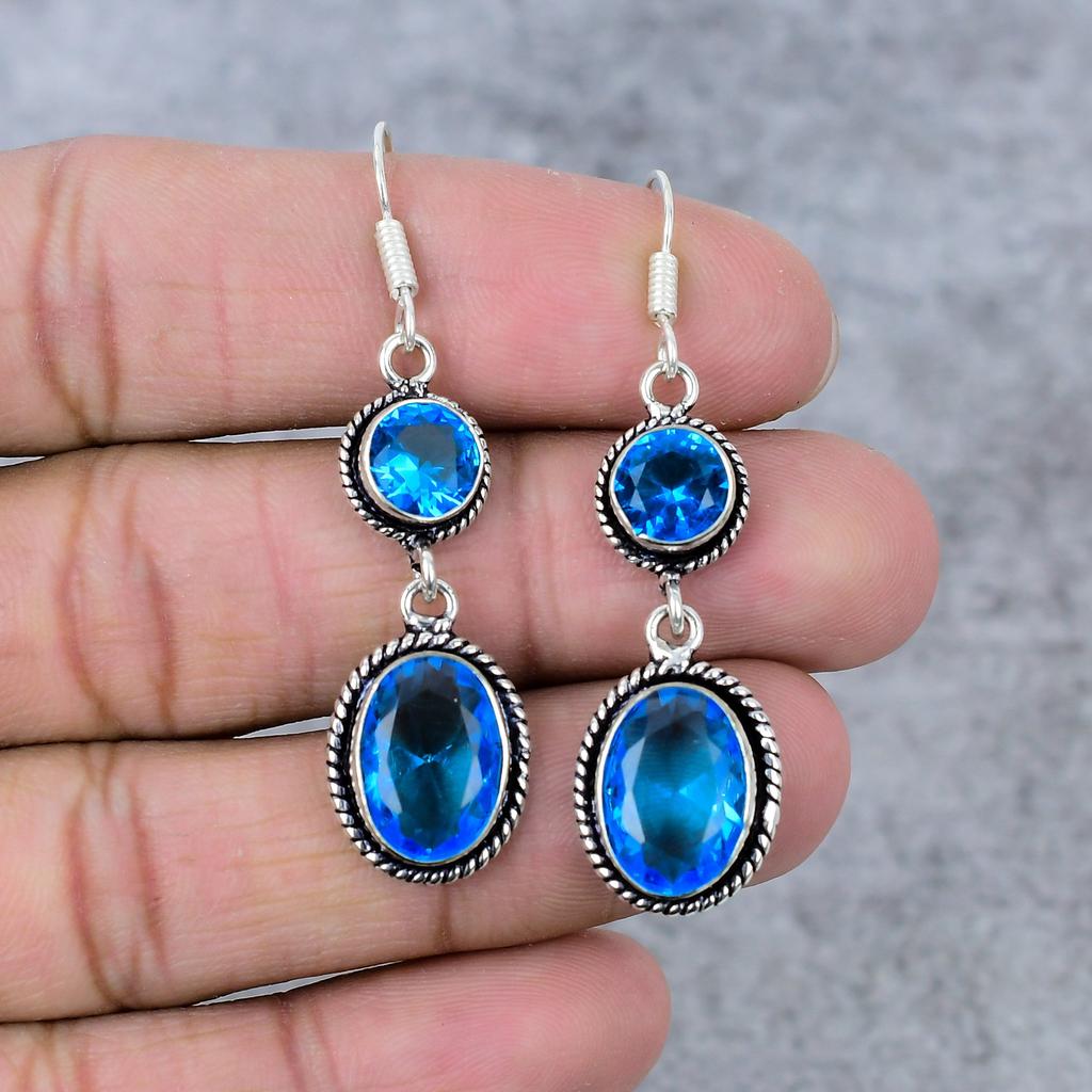 Swiss Blue Topaz Gemstone Handmade 925 Sterling Silver Earring 2.56" M-337