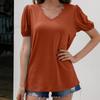 Loose Casual V-Neck Pullover Short Sleeve T-Shirt, Pure Bubble Sleeve Shirt Top, Women
