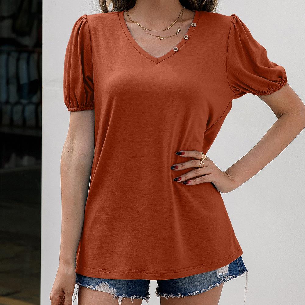 Loose Casual V-Neck Pullover Short Sleeve T-Shirt, Pure Bubble Sleeve Shirt Top, Women