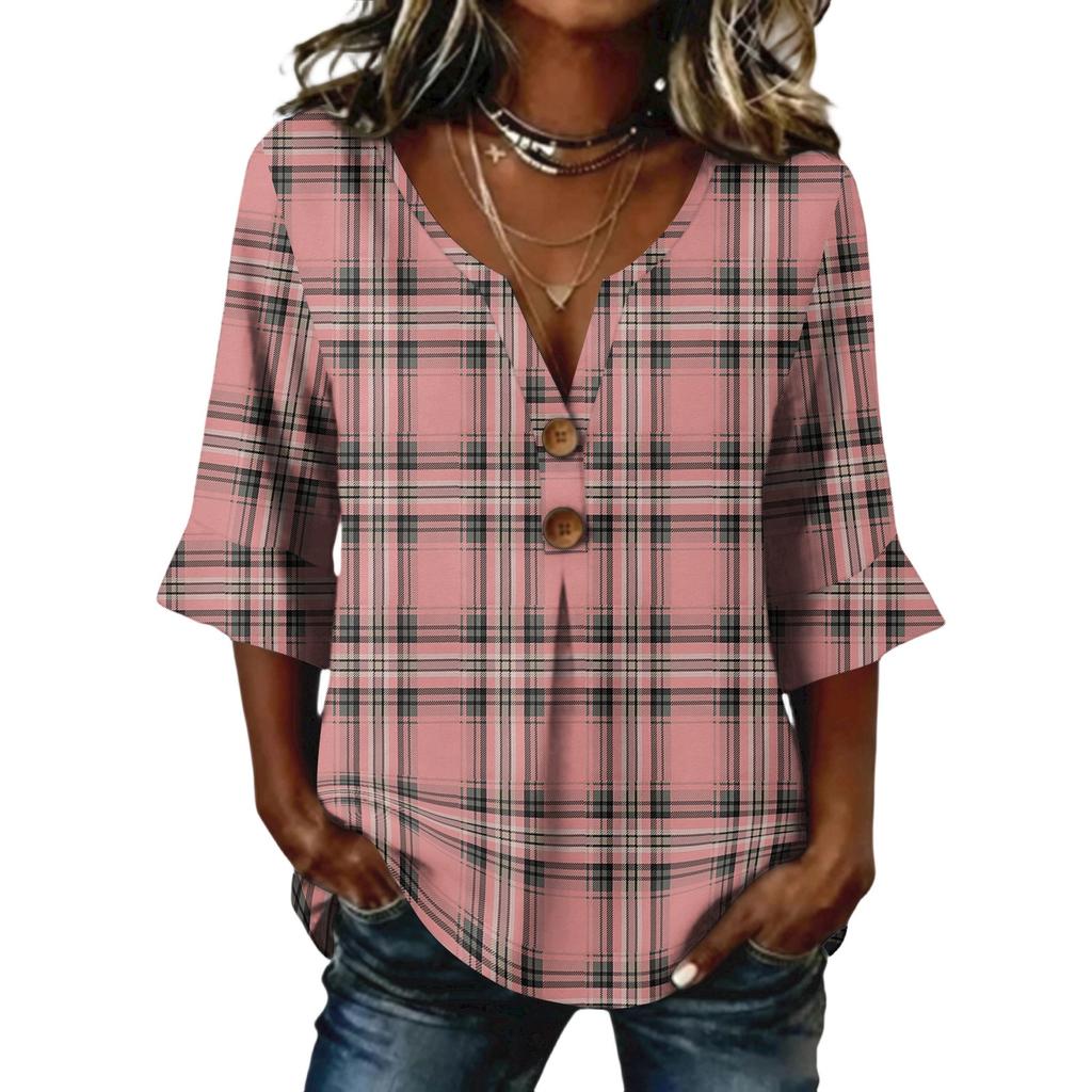 Ladies' plaid printed button casual V-neck fashionable seven quarter sleeve top