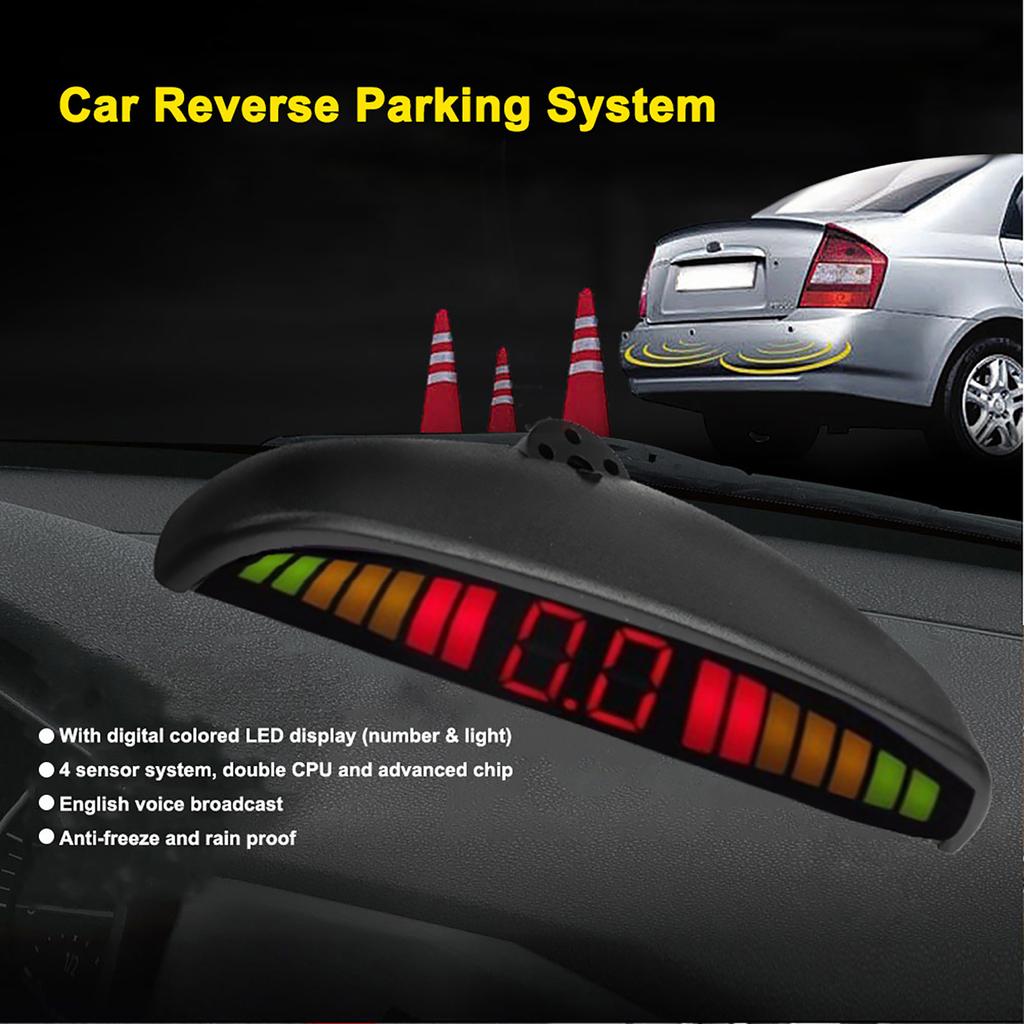 Car English Voice Broadcast Reverse Backup Parking Detector System with 4 Radar Sensor White