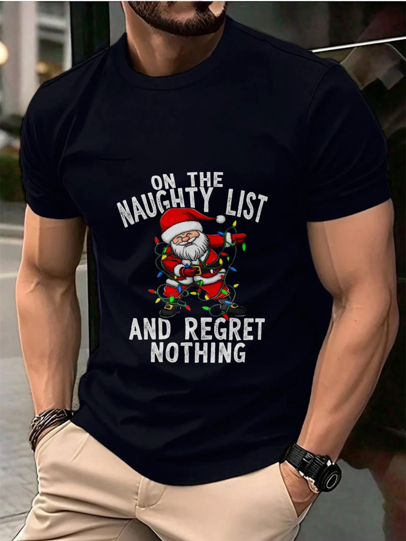 Cotton Men s T-Shirt Black Santa Claus On The Naughty List And Regret Nothing Printed Pattern T-Shirt S