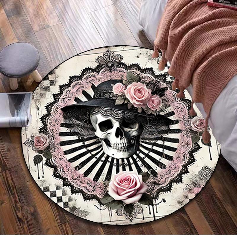 1Pc Day of the Dead Skull Circular Print Rug - Home Decoration Carpet For Living Room Bedroom Flooring Computer Chair Area Rug
