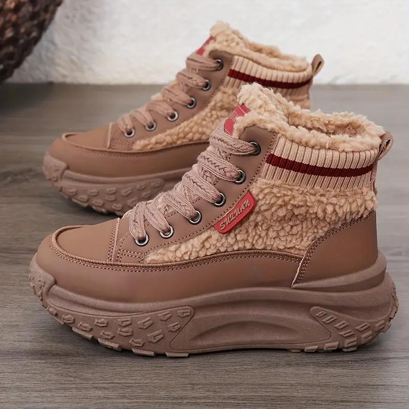 Women'S Warm High-Top Sneakers Faux Fur Lining - Brown Beige Round Toe Thick Sole Casual Comfort Shoes
