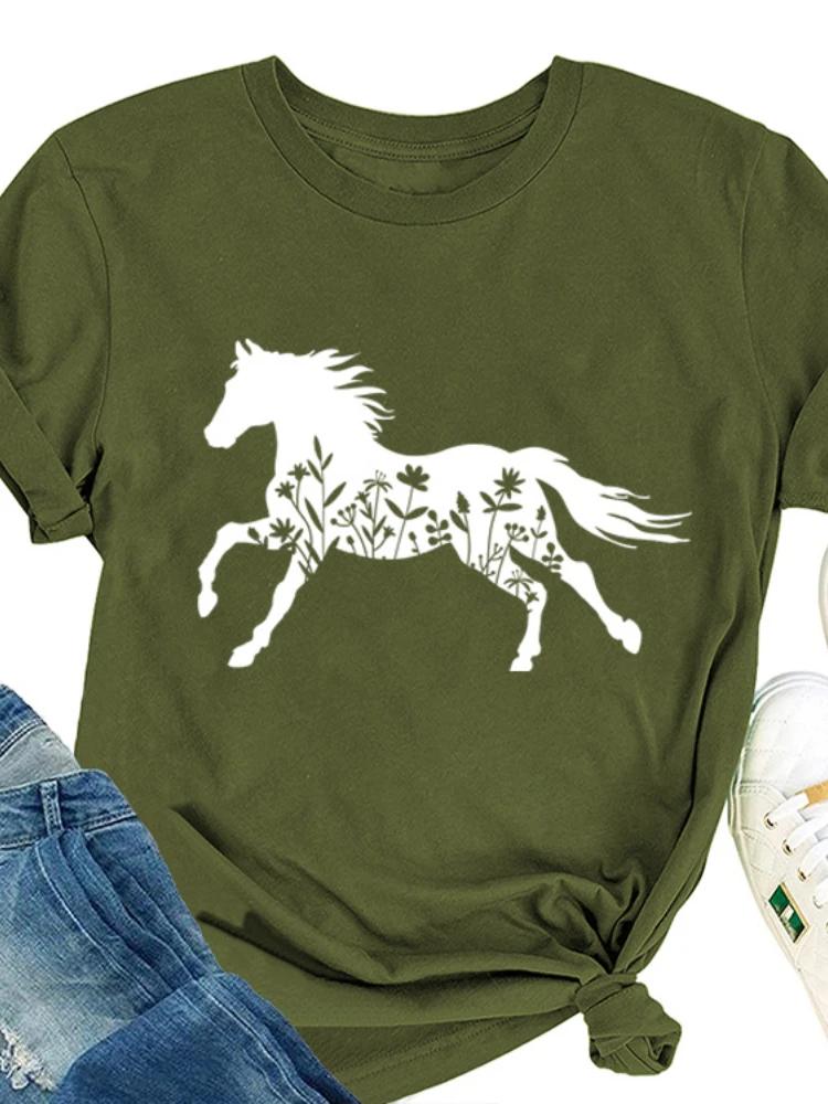 Wildblumen Pferde Print Damen T-Shirt Kurzarm O-Ausschnitt Locker Damen T-Shirt Damen T-Shirt Oberteile Kleidung Camisetas Mujer