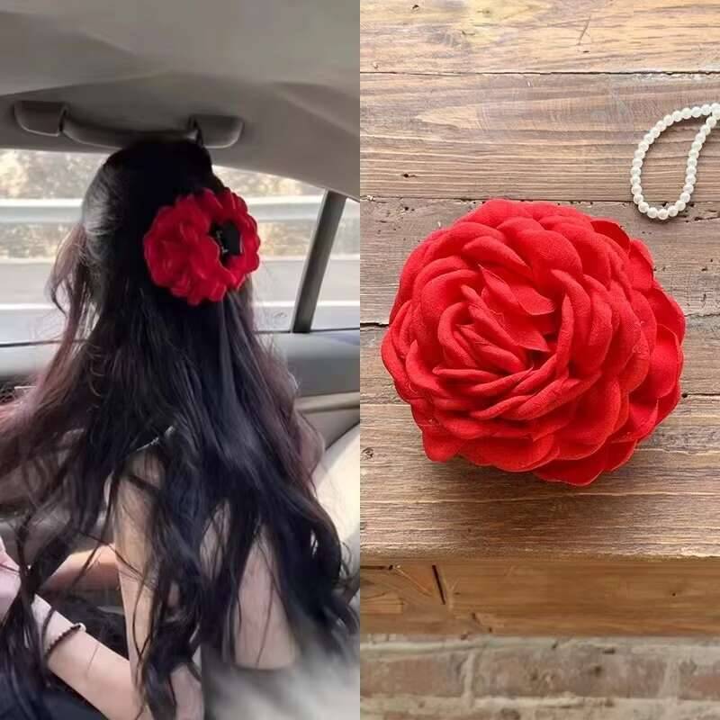 Fabric Rose Flower Large Size Claw Clips For Women Girls Clip Barrette Plastic Clamps Headwear Hair Accessories