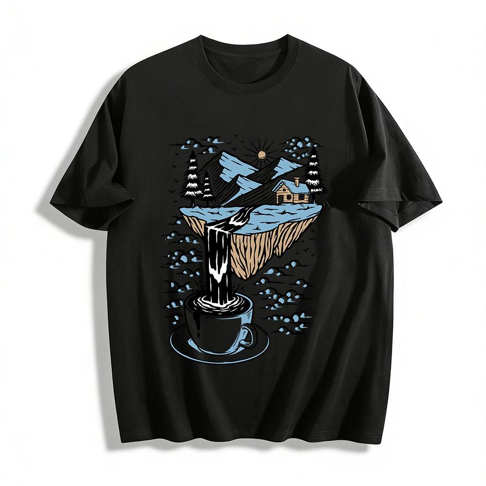 

Coffee Waterfall Floating Mountain House Print T-Shirt Pure cotton T-shirt XXS
