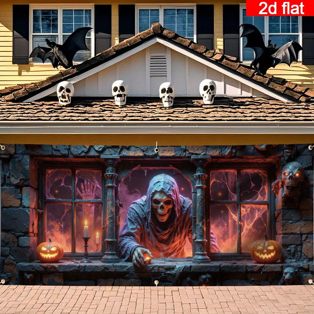 2D flat banner 1PC Large Halloween garage door banner - ghostly window scenes with glowing pumpkins and skeletons