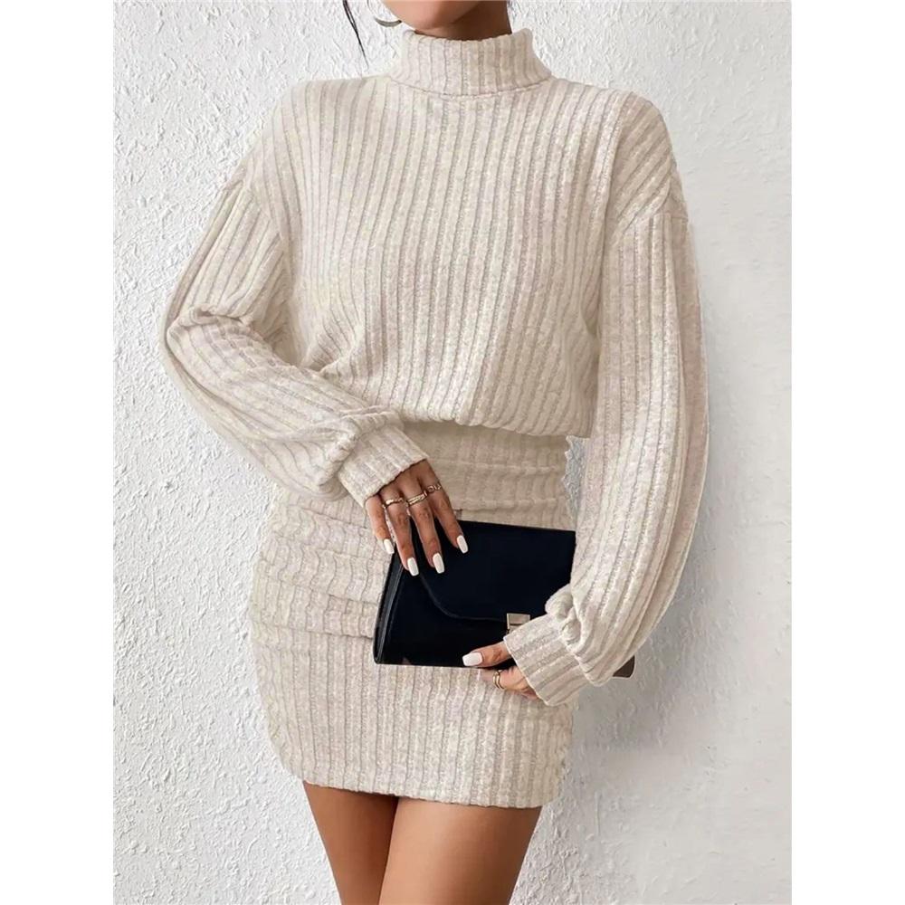 Dámské sexy přiléhavé krátké šaty s dlouhým rukávem a rolákem, úplet s žebrováním