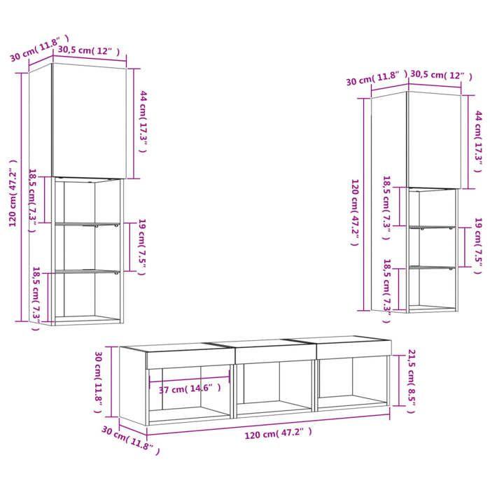 VidaXL Unités Murales TV avec LED 5 pcs, Armoires de Télévision Suspendues, Meubles Télé de Salon, Moderne, Chêne Fumé Bois 3216608