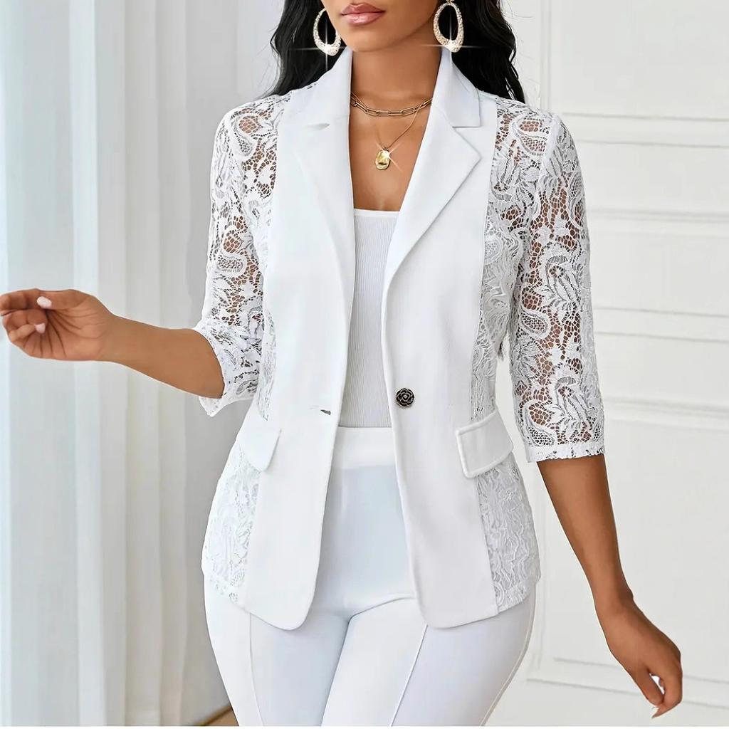 Women's Lapel Three‑Quarter Sleeve Blazer Slim Fit Elegant Lace Splicing Single Button Jacket