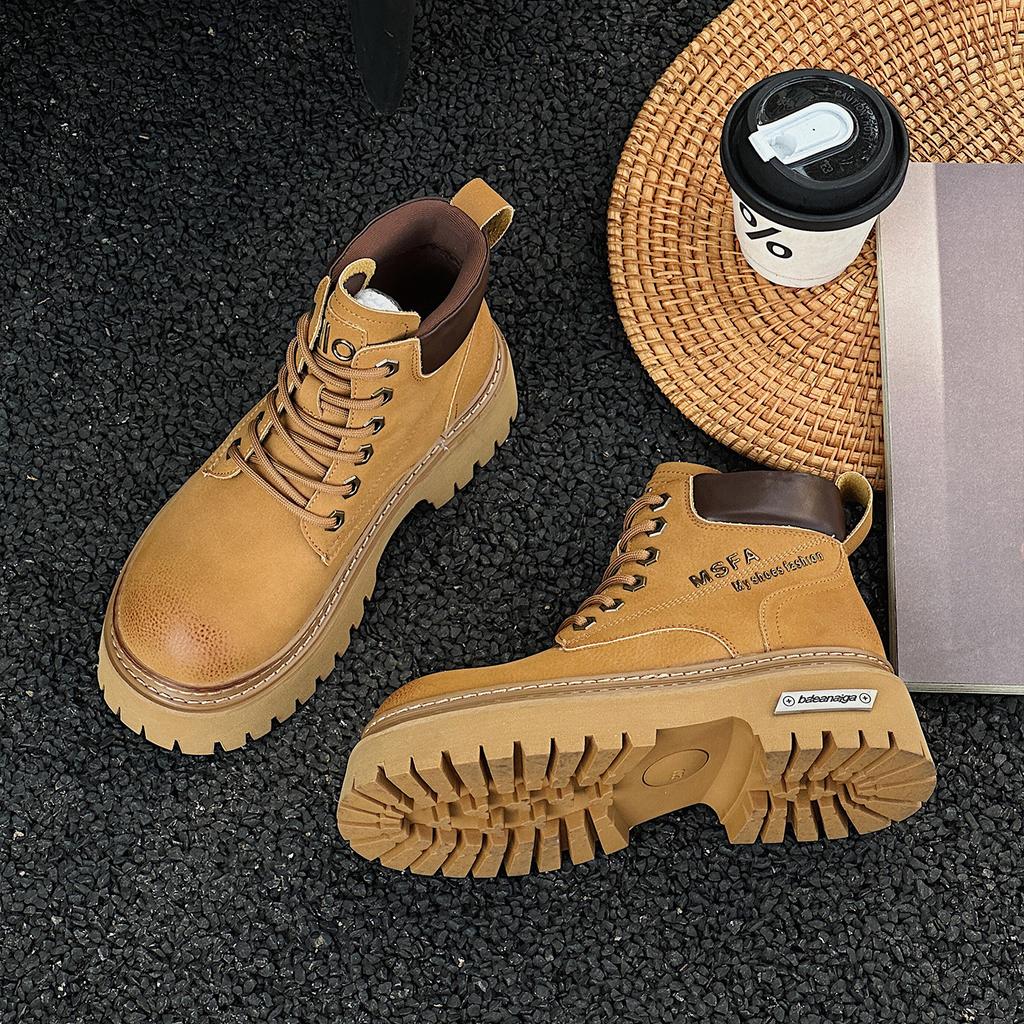 European leather thick-soled heightening rhubarb boots Martin boots women's autumn new British style short boots locomotive boots