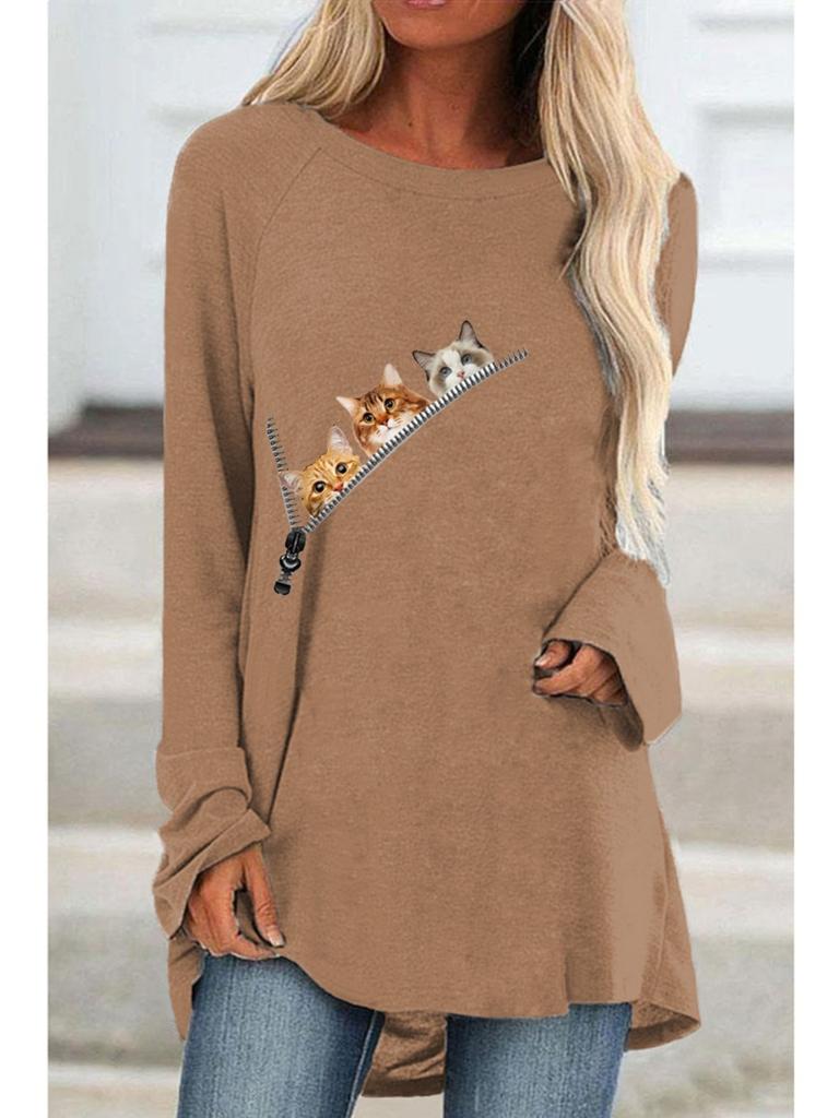 Übergröße Damen Frühling Katze Bedruckt Bequem Langarm Rundhals T-Shirt Lässig Weit Mittelang T-Shirt Tops