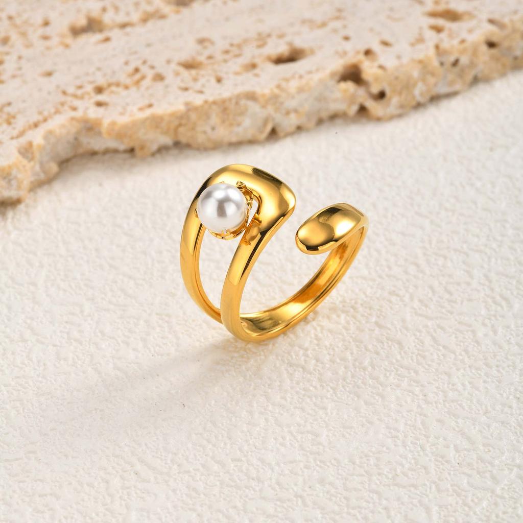 Luxury 18K Gold Plated Open Wrap Ring, Abstract Swirl Pearl Adjustable Minimalist Stainless Steel Jewelry Gift for Women