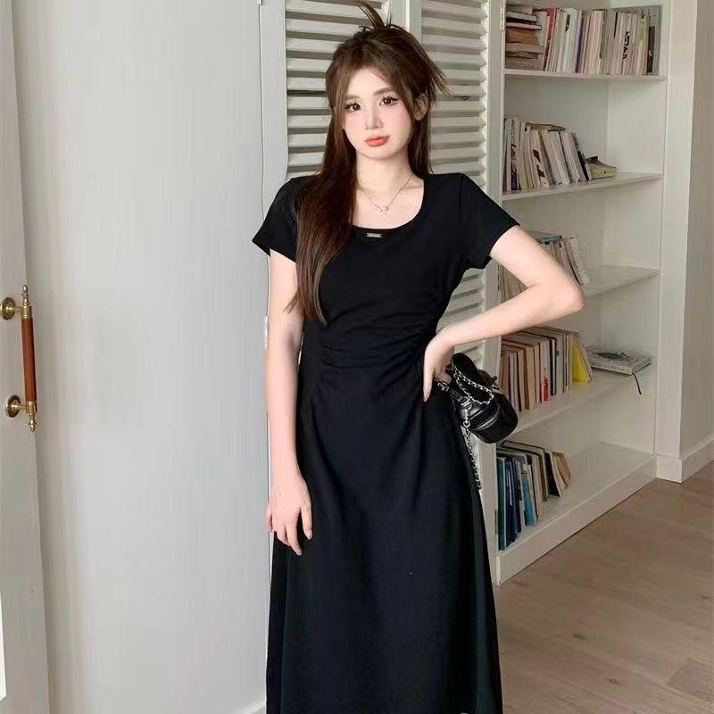 French gentle wind coffee break short-sleeved dress 2026 summer new niche temperament waist thin medium and long dress women