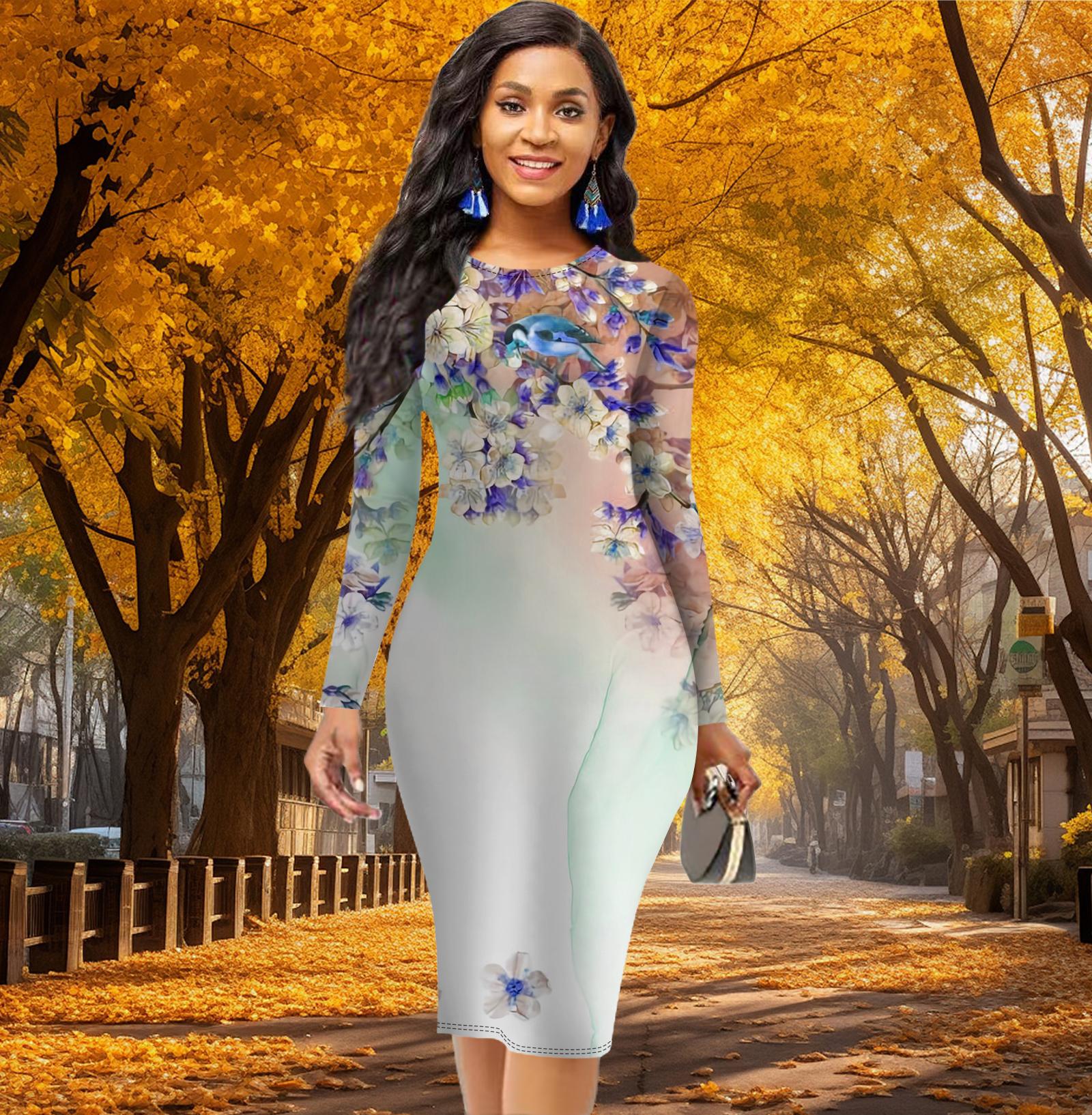 

Длинный рукав, облегающее, офисное, облегающее, с постепенным принтом персиковых цветов, элегантное облегающее платье 8XL оранжевый