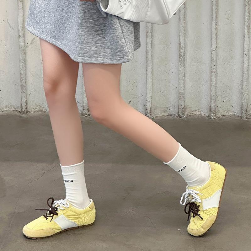Yellow Retro Women's Spring and Summer Breathable and Light Mouth Single Shoes Double Shoelaces Color Matching White Shoes