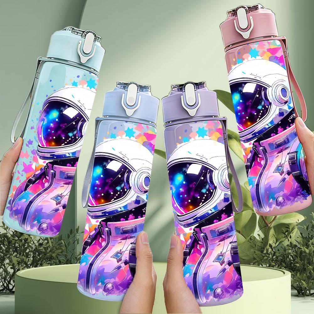 1PC Space Astronaut Galaxy Color Print 750ml Color Plastic Sports Water Bottle Leakproof Flip Straw Lid Suitable for Sports Office Home Use