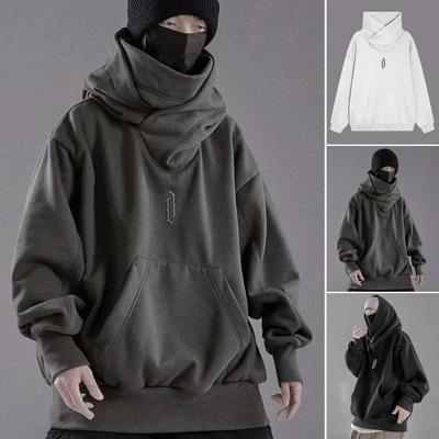 Men Autumn Hoodie Solid Color Hooded Long Sleeves Oversized Hip Hop Warm High Collar High Street Winter Hoodie Men Clothing