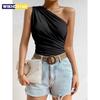 Top Regata Feminino de Um Ombro Plissado Verão Liso Sem Mangas Franzido Camiseta Streetwear Top Caído do Ombro