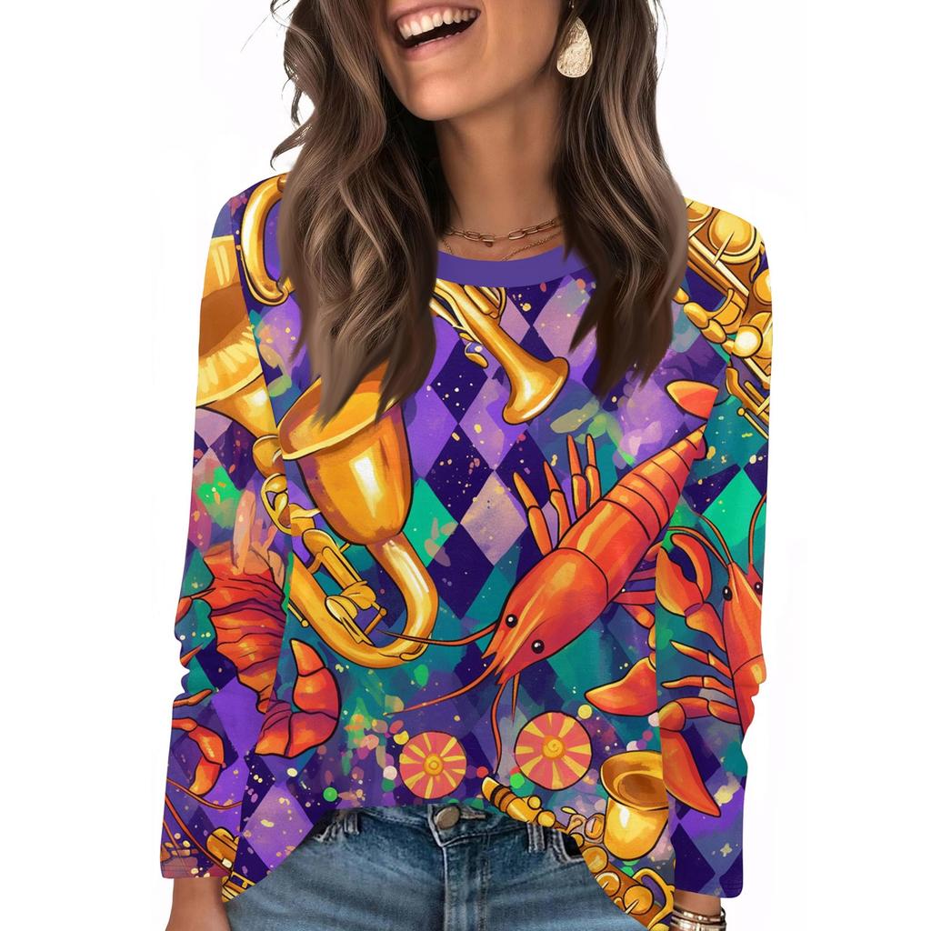 Long Sleeve Shirts For Women Cute Print Graphic Tees Blouses Casual Plus Size Basic Tops Pullover