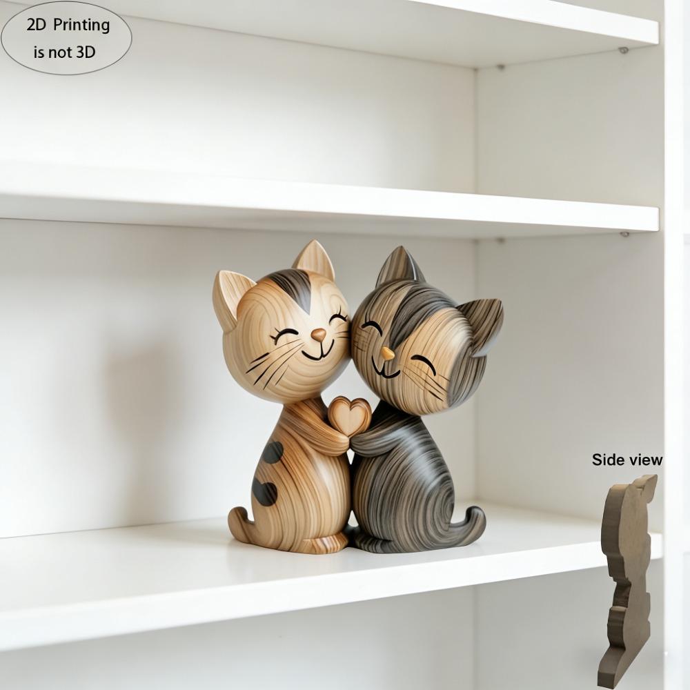 Wooden Kitten Couple Sculpture 2D Flat Art Piece Wood Grain Elegant Desktop Entrance Decor Romantic Gift for Wedding Anniversary