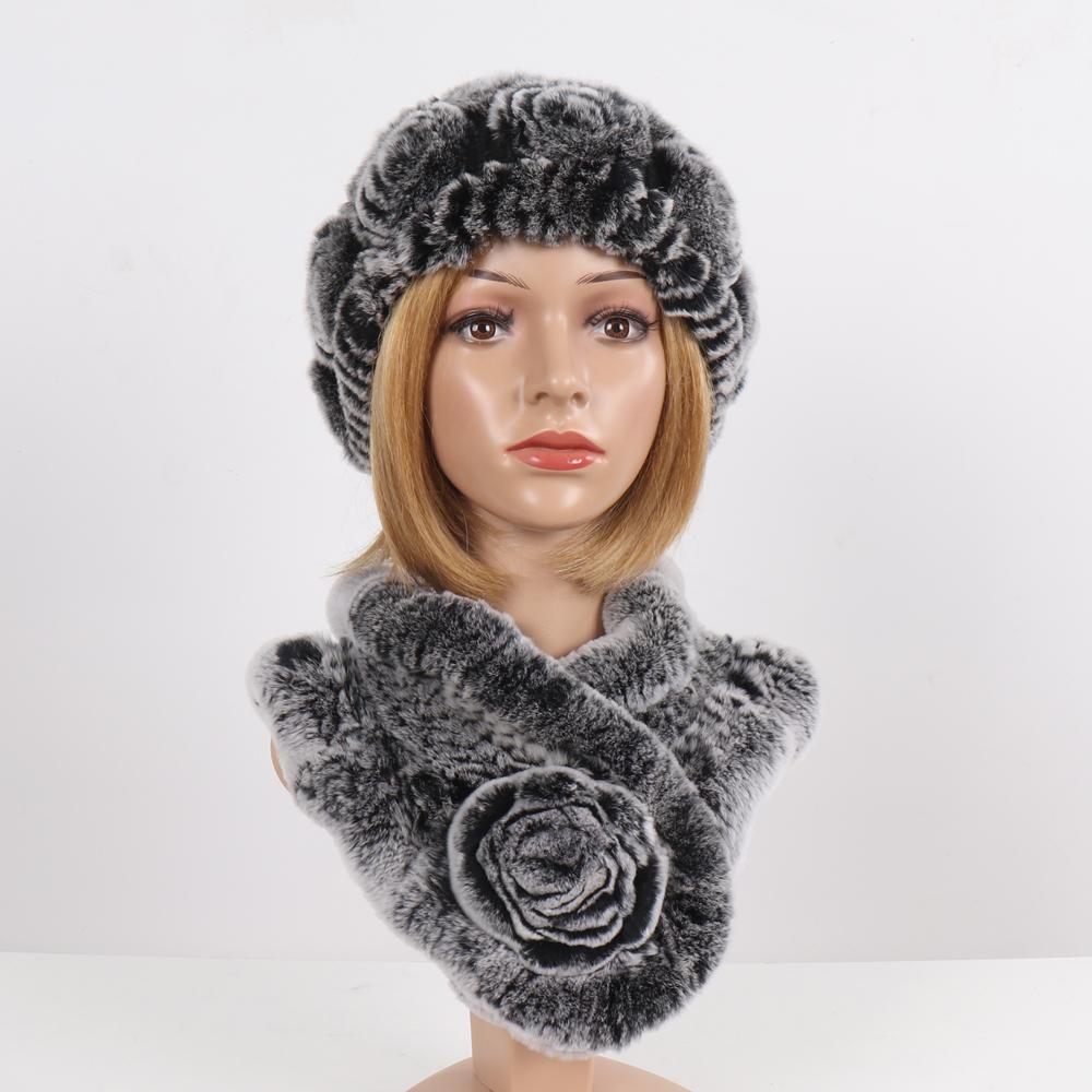 Нові Жіночі Зимові Хутряні Шапки Шарфи Набори Натуральні Теплі Справжні Шапки з Хутра Кролика Рекс Шарфи Леді В'язані Шапки з Натурального Хутра Шарф