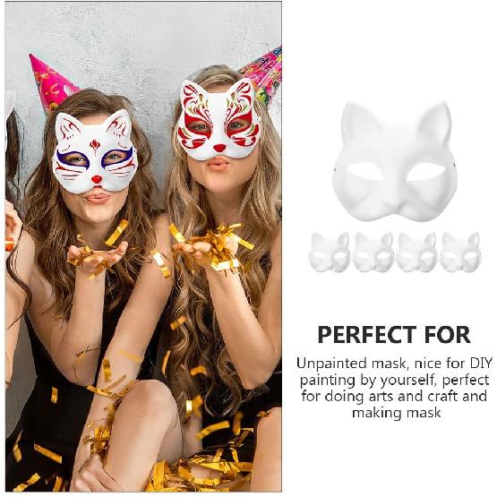 LOGOFUN 10 Pcs Cat Masks for Kids Therian Mask White Paper Blank DIY Unpainted Animal Mask Cosplay Party Decorations