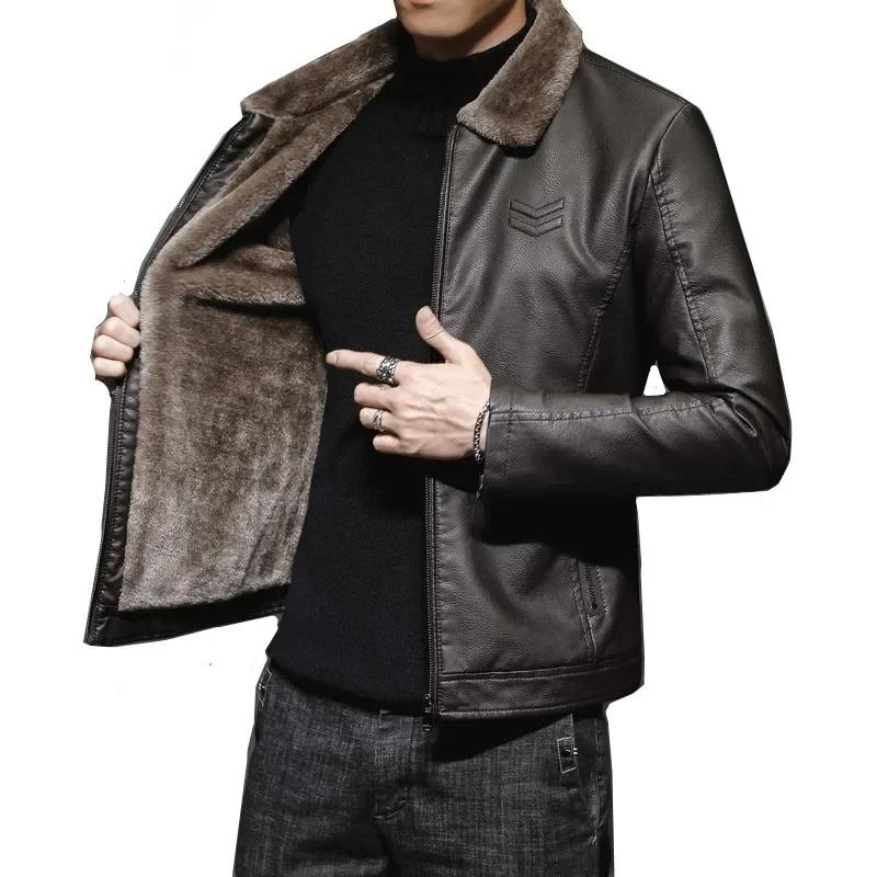 Winter Faux Fur Collar Windproof Warm Coat Men's Luxury Clothing Vintage Brown Leather Jacket Men's Brand Leather Jackets Men