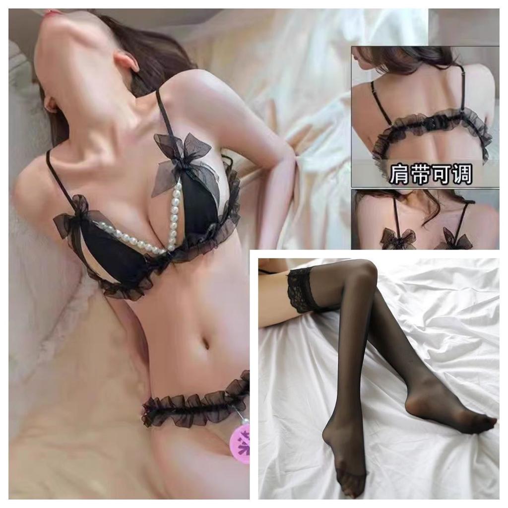 Sex underwear pure desire sexy three-point pearl massage uniform lace transparent temptation open passion suit