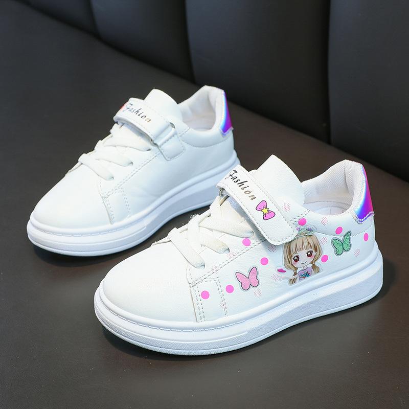 Children White Sneakers Girls Students Flat Casual Sports Shoes Kids Leather Upper Low Top Spring Korean Style Board Shoes