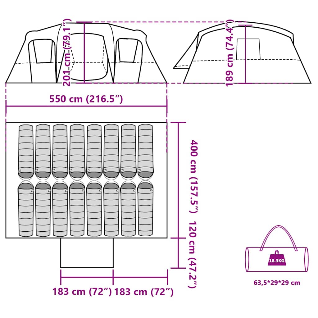 Tunnel Family Tent for 16 Persons Gray Waterproof