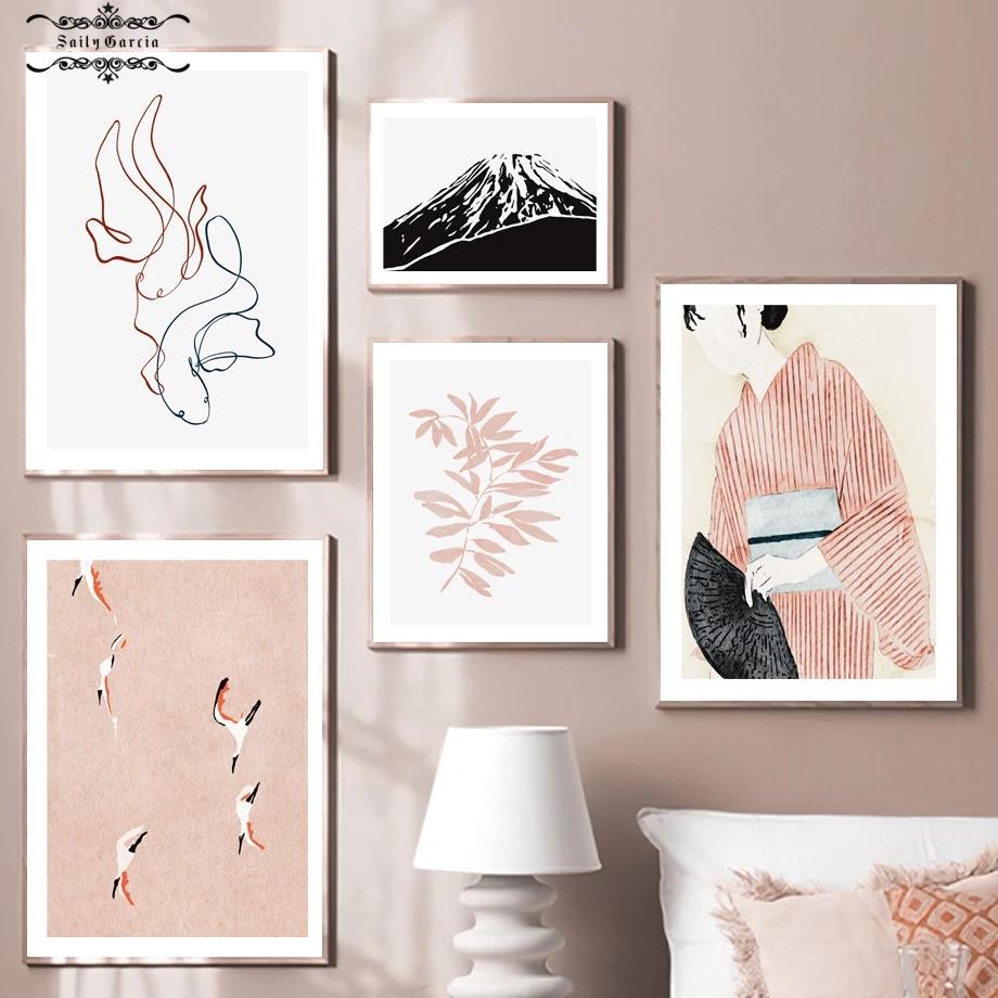 Mount Fuji Crane Japan Geisha Zen Wall Art Canvas Painting Nordic Poster and Prints Wall Pictures for Living Room Japanese Decor