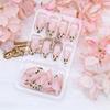 24Pcs Leopard Print French Tip Press On Nails Medium Almond Fake Nails Bow Glue On Nail 3D Pearl Gems Cute False Nails French Stick On Nail Bow