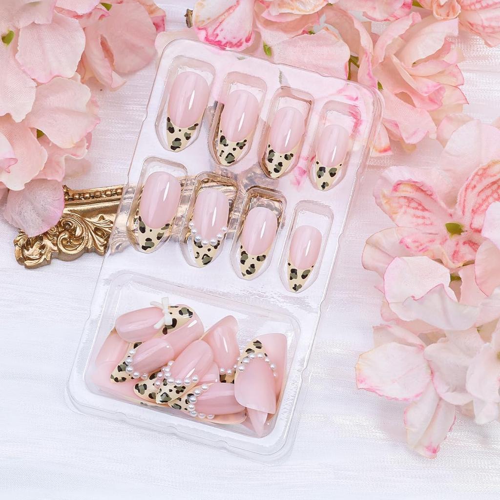 24Pcs Leopard Print French Tip Press On Nails Medium Almond Fake Nails Bow Glue On Nail 3D Pearl Gems Cute False Nails French Stick On Nail Bow