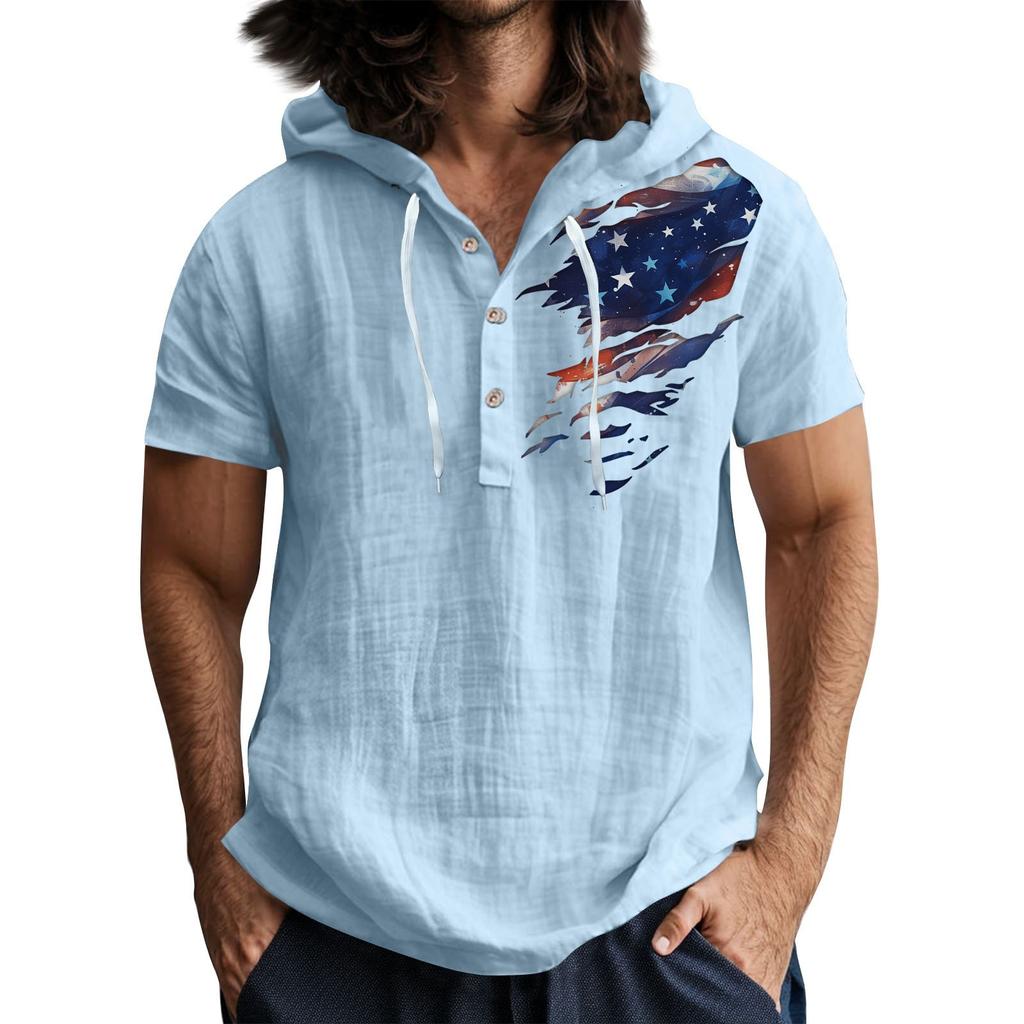 Lässiges T-Shirt mit kurzen Ärmeln und Kapuze für Herren mit Knopfleiste und offenem Hals