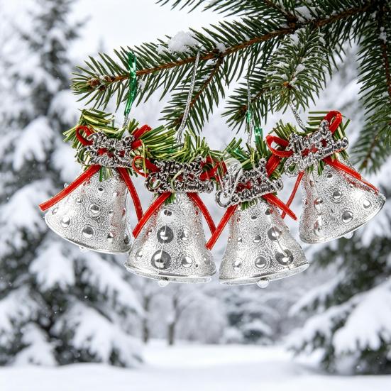 Thickened Electroplated Bell Christmas Ornament with Red Ribbon Bow, Small Jingle Gift Box Accessory Tree Hanging Decoration for Tree, Garland,
