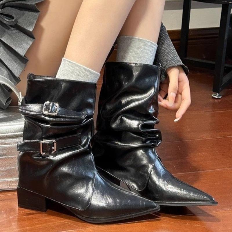 Fashion Pointed Toe Belt Buckle Block Heel Trouser Heel Boots Women's Spring and Autumn Fashion Pleated Skinny Mid-Tube Pile Boots