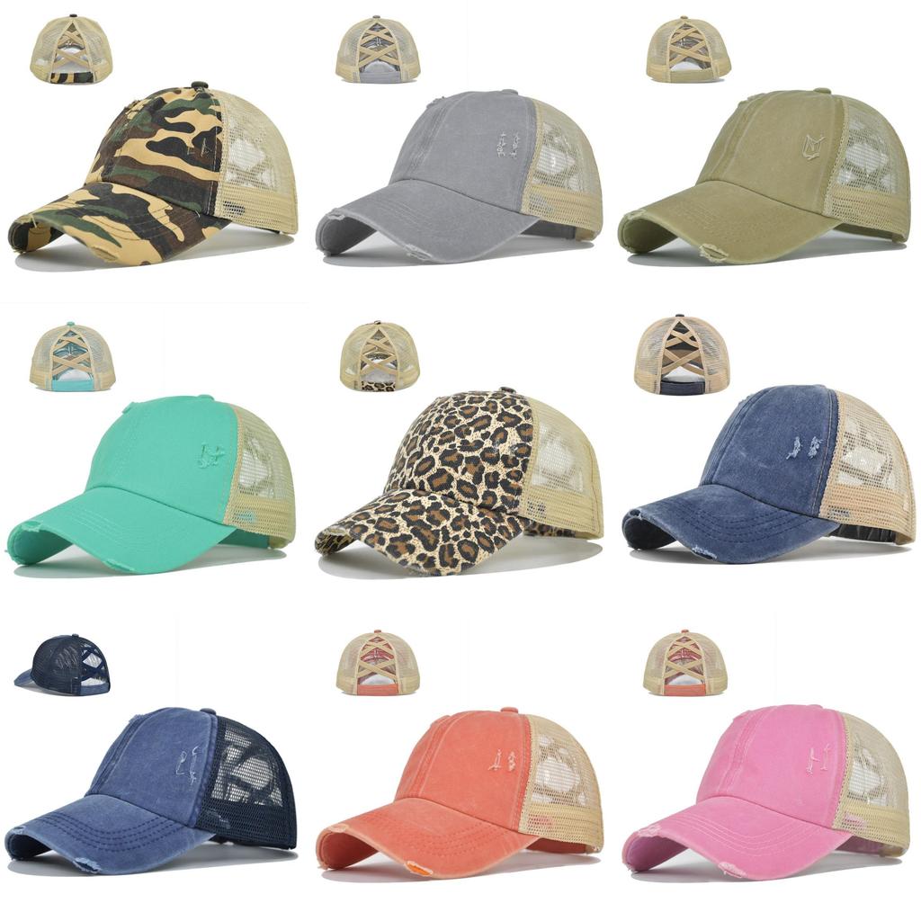 Baseball Cap Womens Cotton Mesh With Crossed Ponytail Openings For Summer Casual Wear