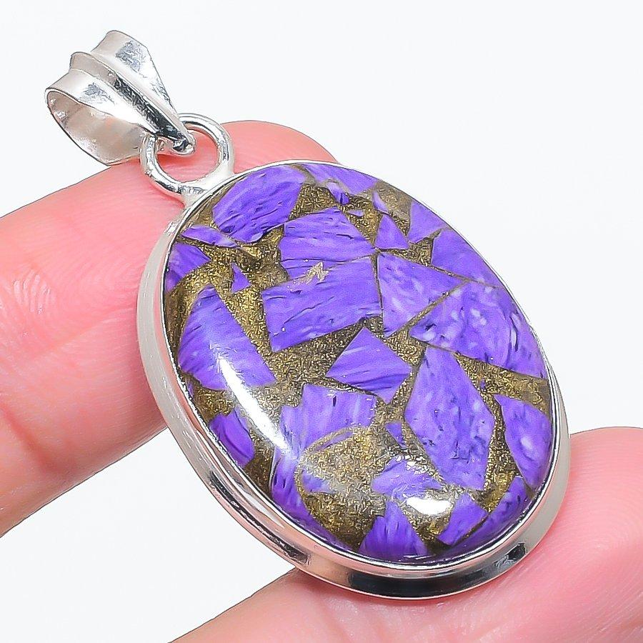 Natural Copper Charoite Gemstone 925 Sterling Silver Jewelry Pendant 1.85" L8U76