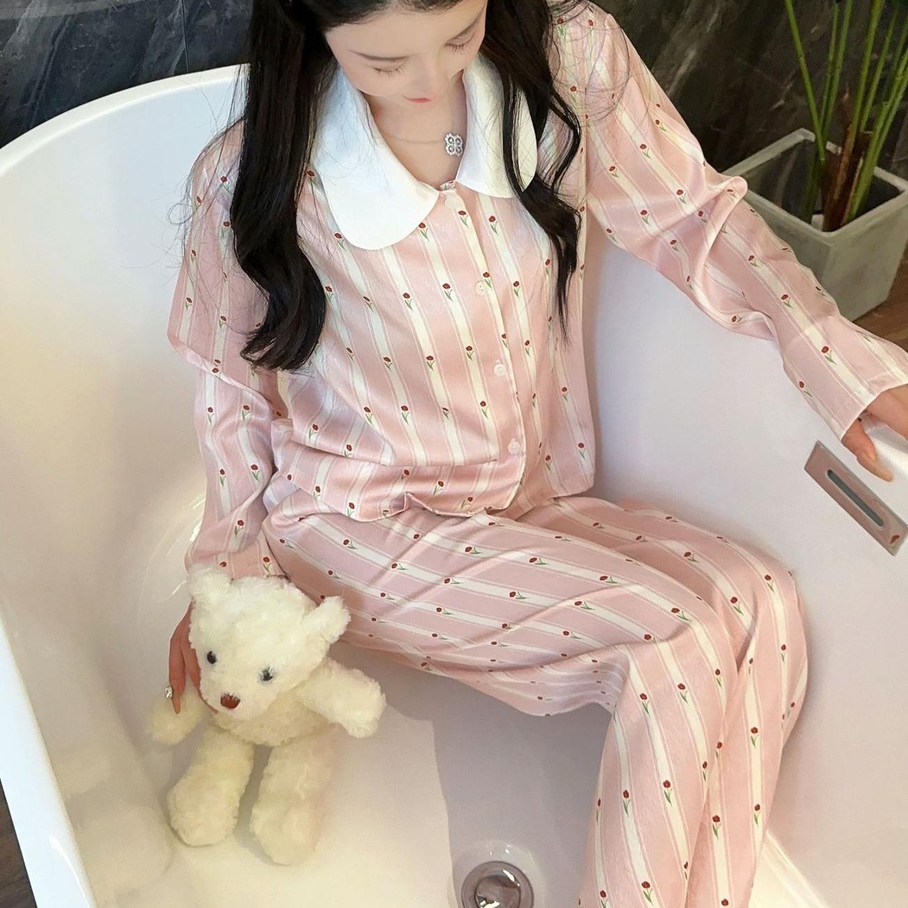 

Пижамы женская одежда весна осень длинный рукав тонкий мультфильм мода высокого класса милый домашний свободный удобный дышащий повседневный пижама 2XL розовый/белый