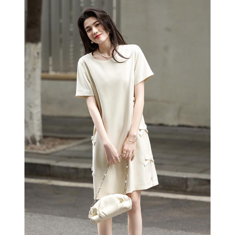 Demana Summer Elegant Handmade Bow Short Sleeve Shift Midi Dress