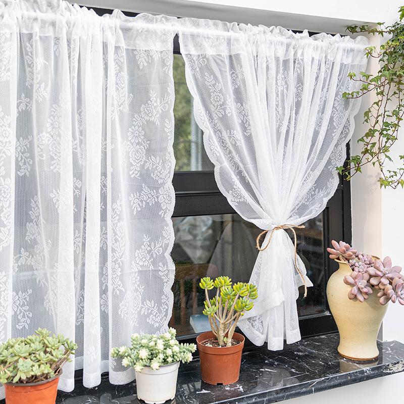 Lace Curtain Swaying Beige Sheer Curtains for Kitchen Living Room Bedroom Window Treatment Short Vintage Floral Embroidery 1 PC