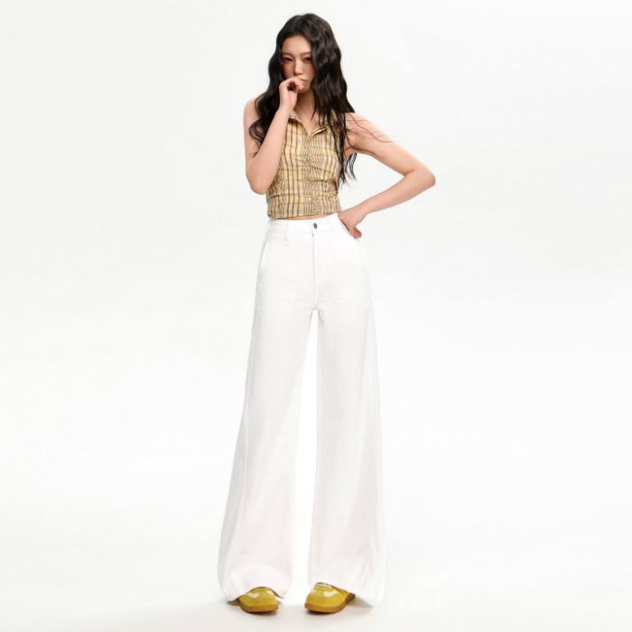 Frühling Sommer Weiß Hohe Taille Patchwork Dünner Stoff Fließend Schlank Gerade Bodenlang Lässig Jeanshosen Damen Freizeithosen Oversize Jeanshosen