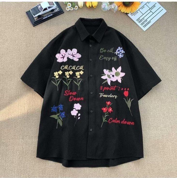 Kolorowa koszula damska z haftem kwiatowym, koszule z krótkim rękawem, luźne casualowe, letni damski oddychający top zapinany na jeden guzik